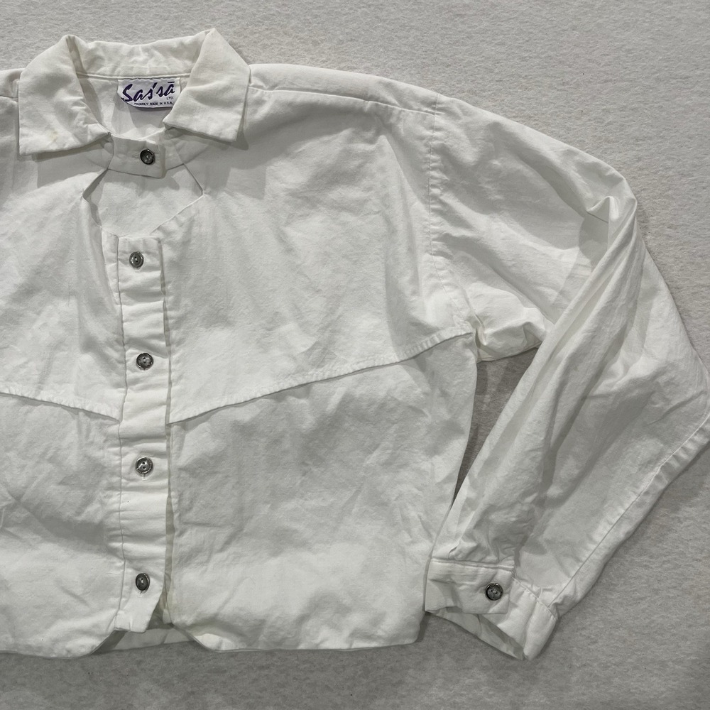 Vintage Sas'sa White Cotton Blend Crop Shirt Shoulder Pads Women Cowgirl USA